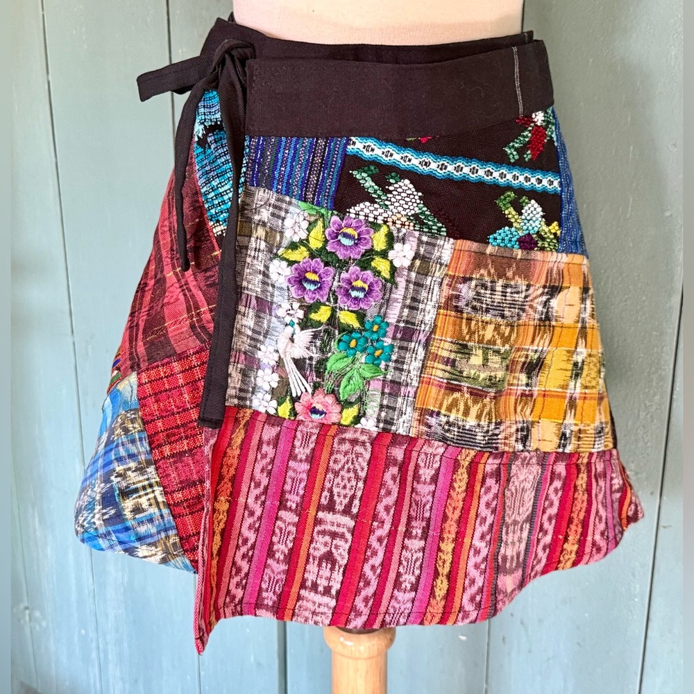 Patchwork Wrap Mini Skirt Textile Folk Boho Festival Guatemalan Embroidery OS